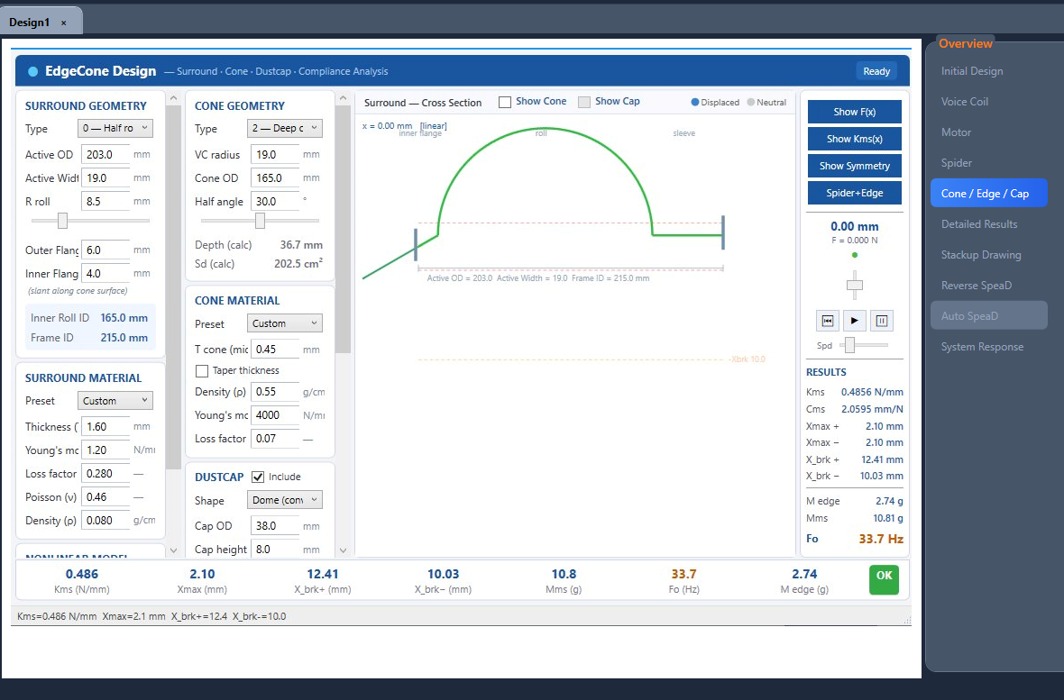 SpeaD Edge/Cone/Cap module tab, showing the integrated cone-edge-cap design with cross-section, inputs, and outputs