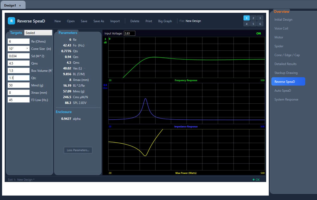 Reverse SpeaD module showing system input parameters and output Thiele-Small driver parameters with frequency response and impedance plots