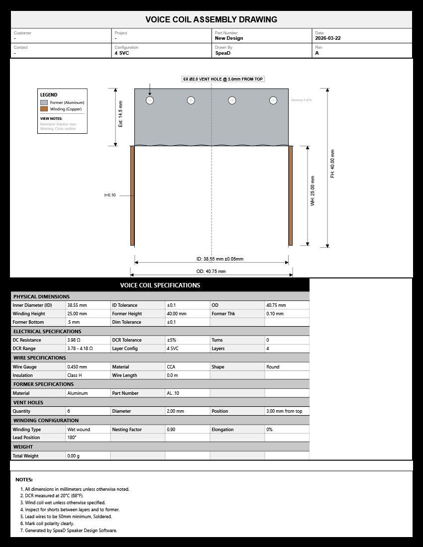 SpeaD Voice Coil side tab, showing the coil overview and specification information